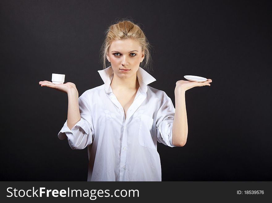 Beautiful Woman Drinking Coffee, sensual blond in man's shirt. Beautiful Woman Drinking Coffee, sensual blond in man's shirt