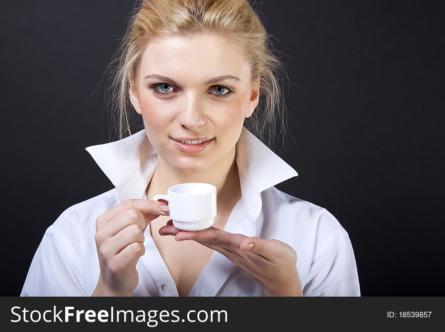 Beautiful Woman Drinking Coffee, sensual blond in man's shirt. Beautiful Woman Drinking Coffee, sensual blond in man's shirt