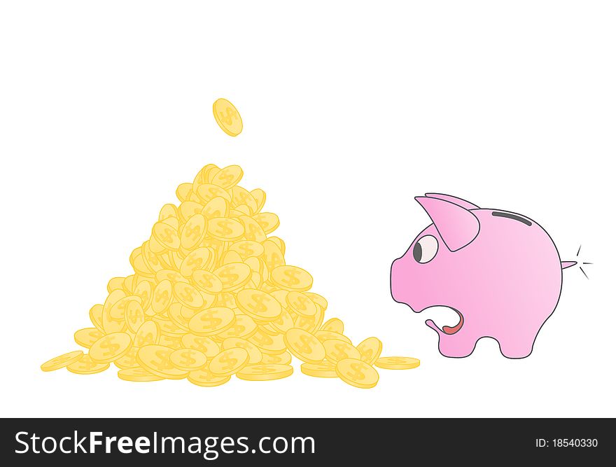 Piggy bank shocked the amount of money. Isolated on white.