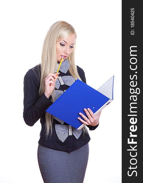 Positive businesswoman with pencil and folder on white isolated background. Positive businesswoman with pencil and folder on white isolated background