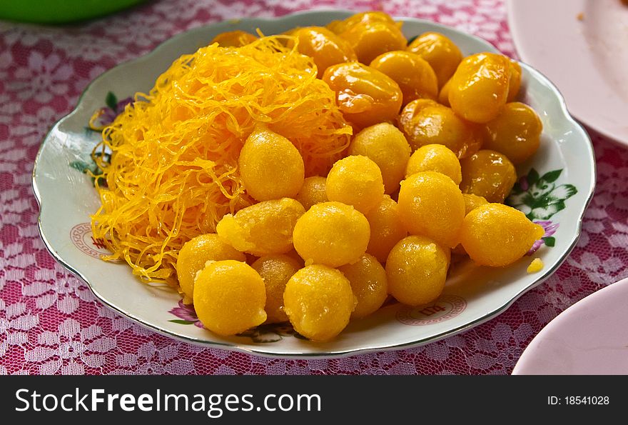 Thai style sweet desert made from egg ready to eat on dish