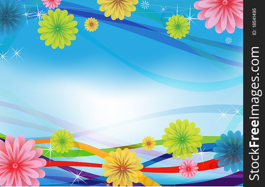 Bright ribbons with flowers on a blue background. Bright ribbons with flowers on a blue background