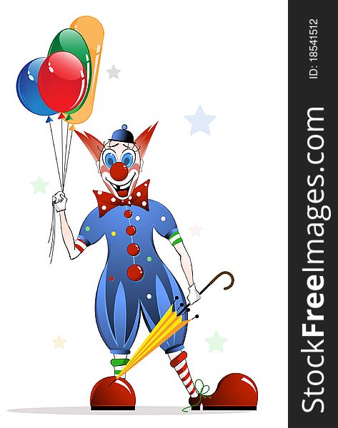 Cheerful clown with bright balloons