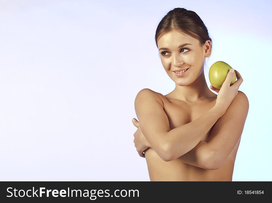 Topless Smiling Beautiful Young Woman With Apple