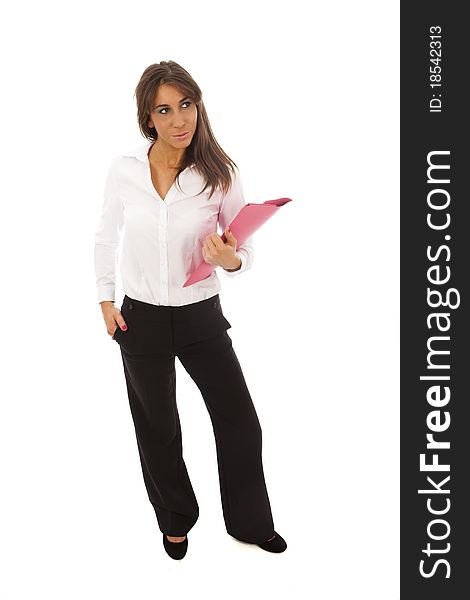 Business Woman in white blouse and black skirt holding document folder