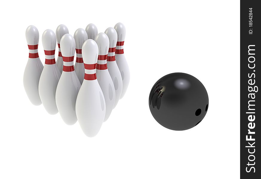 Sphere and skittles for game in bowling on a white background