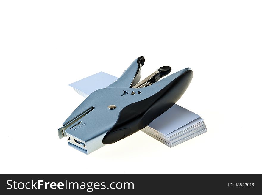 Stapler two-color and cards on white background