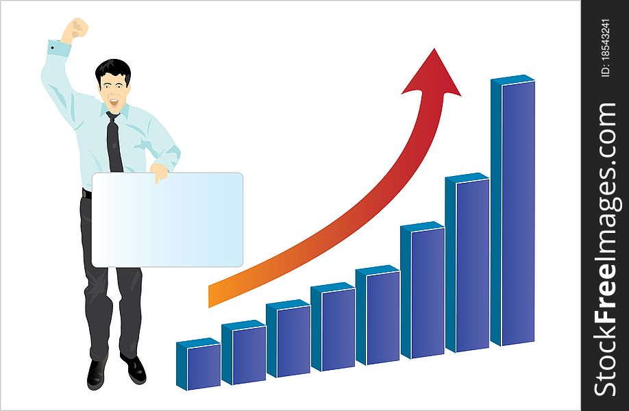 Businessman celebrating his success. The graph shows an upward trend. Businessman celebrating his success. The graph shows an upward trend