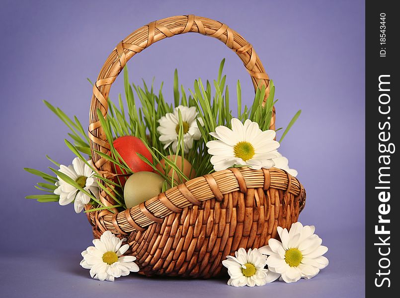 Basket with flowers on blue background. Basket with flowers on blue background