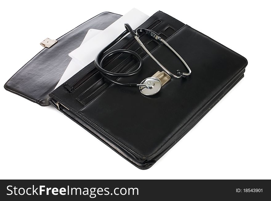 Black portfolio and phonendoscope on white background