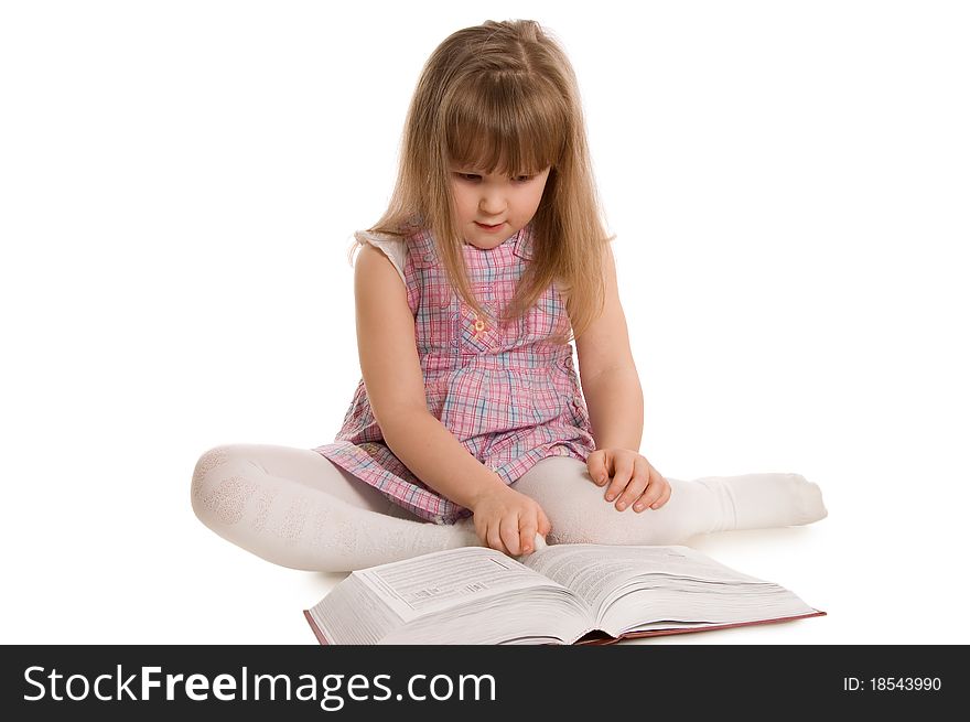 The little girl with the book on white