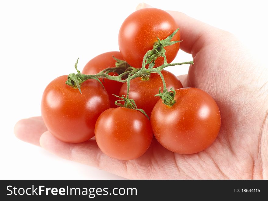 Hand hold a red fresh bio tomato