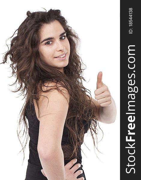 Beautiful woman with long and curty hair making ok sign. Beautiful woman with long and curty hair making ok sign