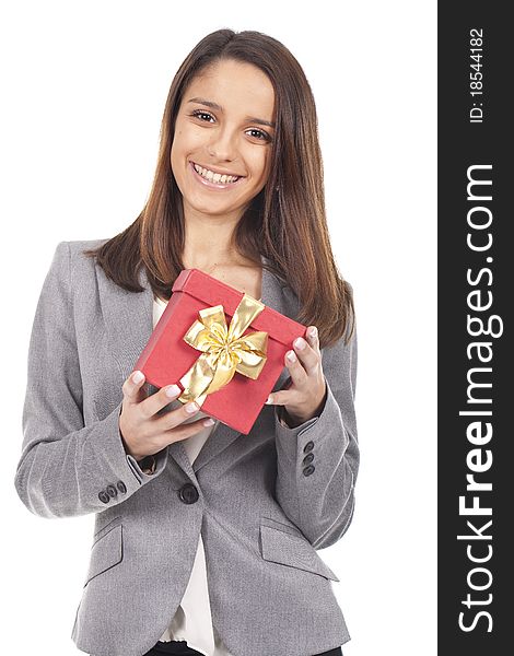 Woman holding a gift red box