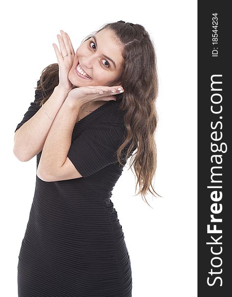 Portrait of a smiling young woman with hands over her face. Portrait of a smiling young woman with hands over her face