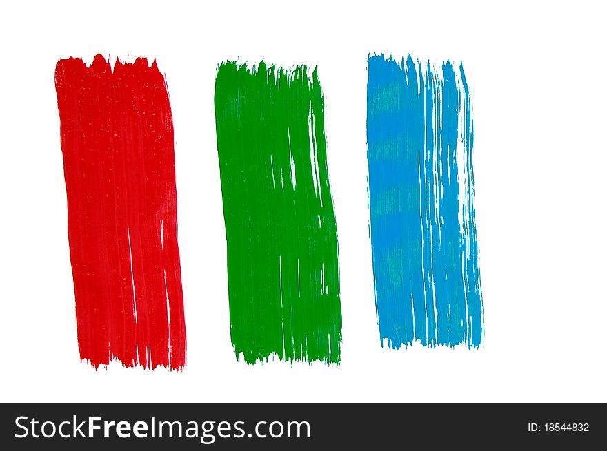 Red, green and blue brush patterns on a white