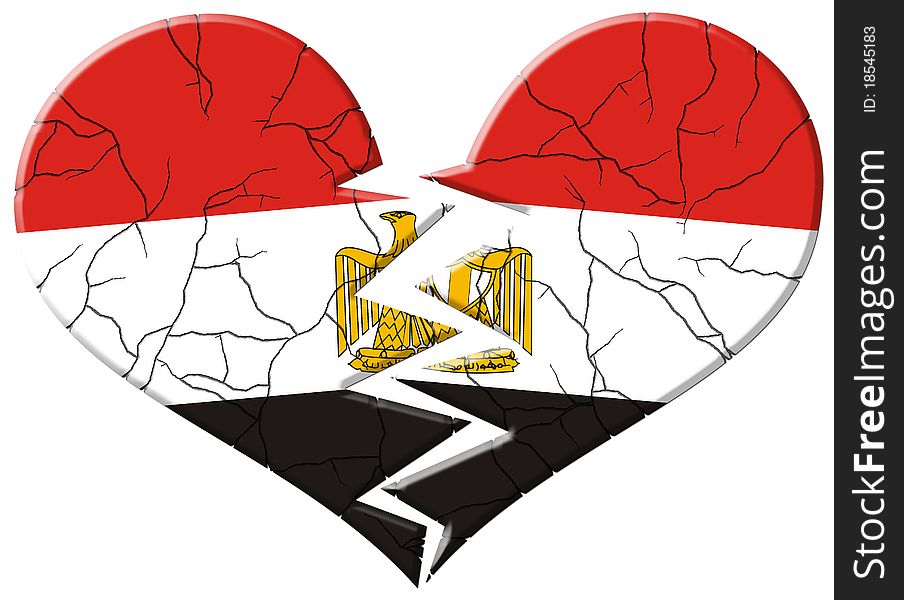 Cracked and broken heart of Egypt flag. Cracked and broken heart of Egypt flag