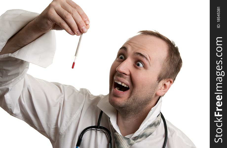 Mad doctor looks at the thermometer on white background