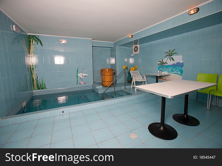 Bathroom with swimming pool, indoor interiors shot