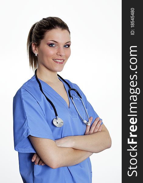 Isolated blond nurse with stethoscope. Isolated blond nurse with stethoscope