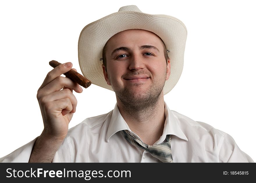 Man in a hat with a cigar isolated on a white background