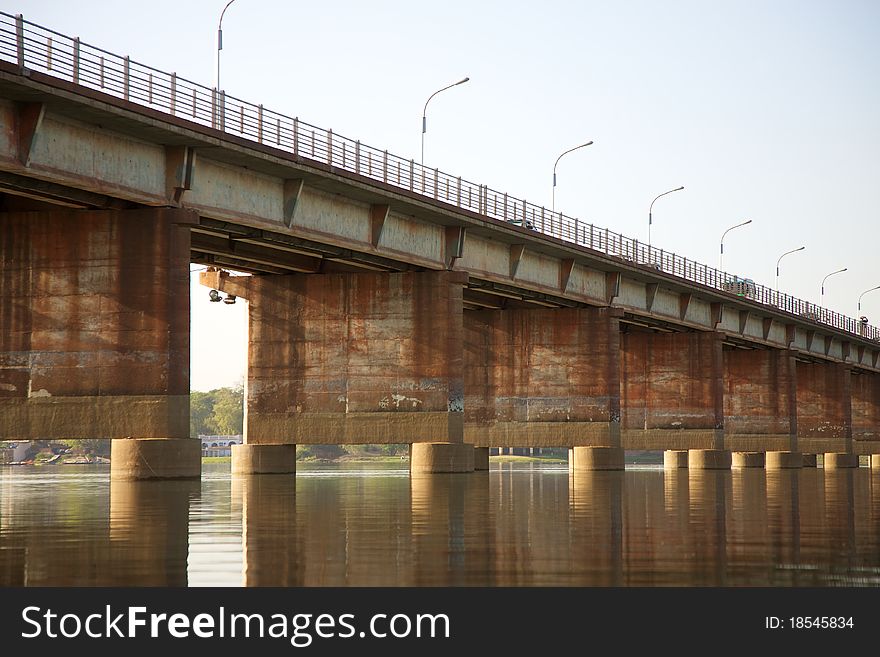 Pont des martyrs Bridge in Bamako - On the river the Niger with a beautiful sunset and people walking