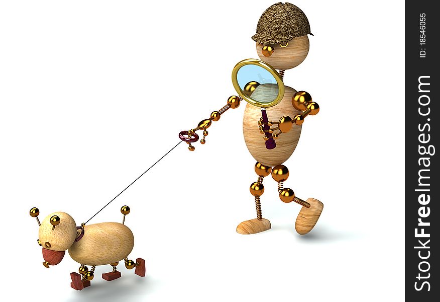 3d wood man as a detective with dog