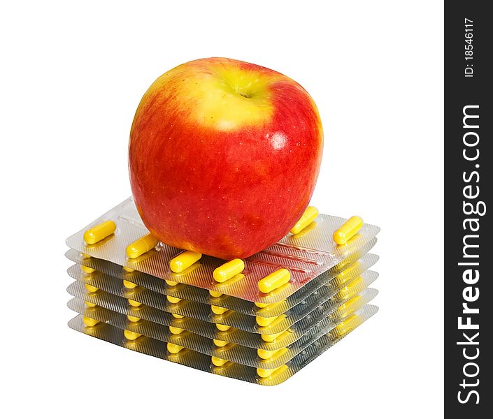 Red Apple And Pills Isolated