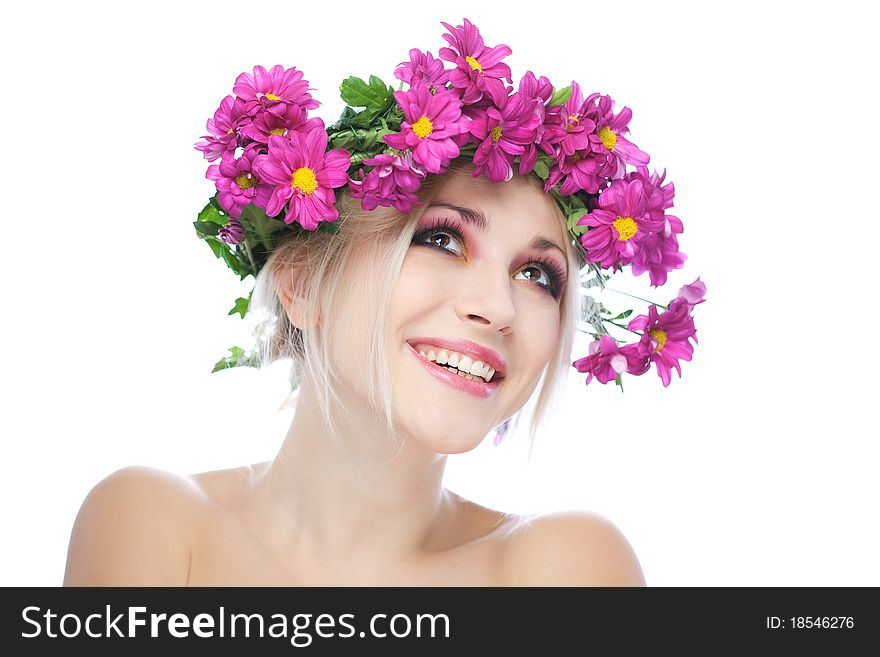 Beauty woman portrait with wreath from flowers