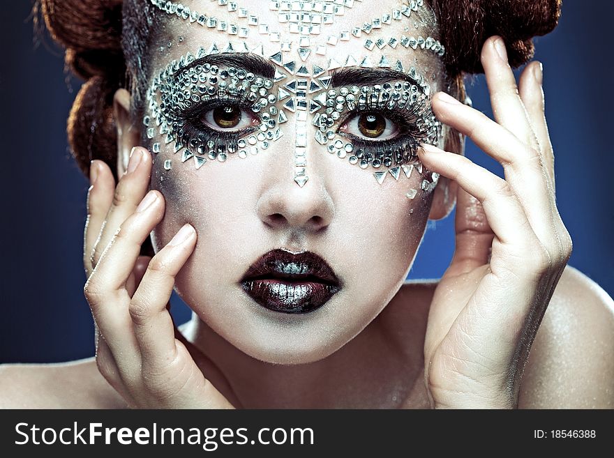 Beauty Woman Makeup With Crystals On Face