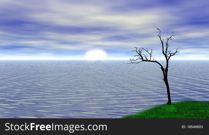 3D Model Of The Ocean With Tree