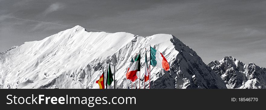 Flags in mountain with snow