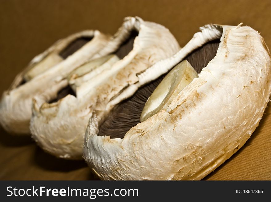 A closeup of three large uncooked mushrooms against a brown background. A closeup of three large uncooked mushrooms against a brown background