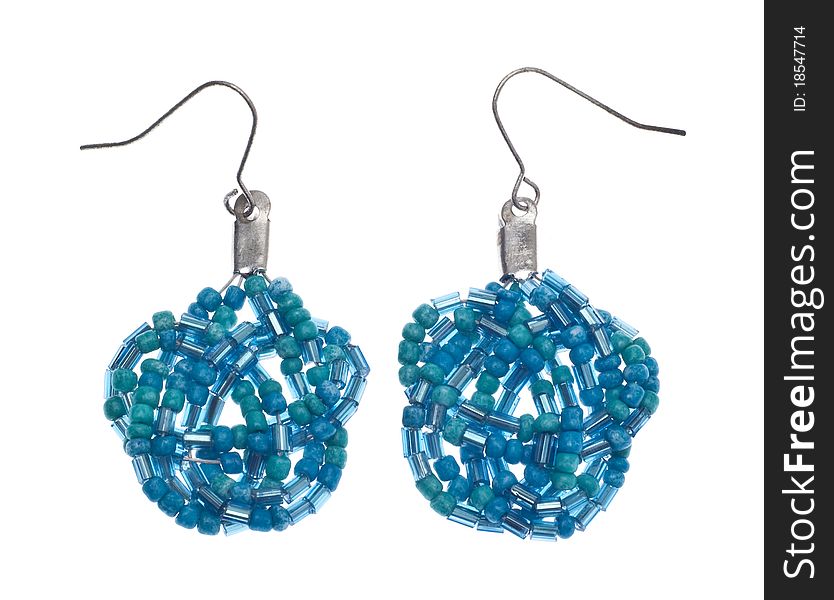 Pair of Teal Beaded Earrings Woven Isolated on White.