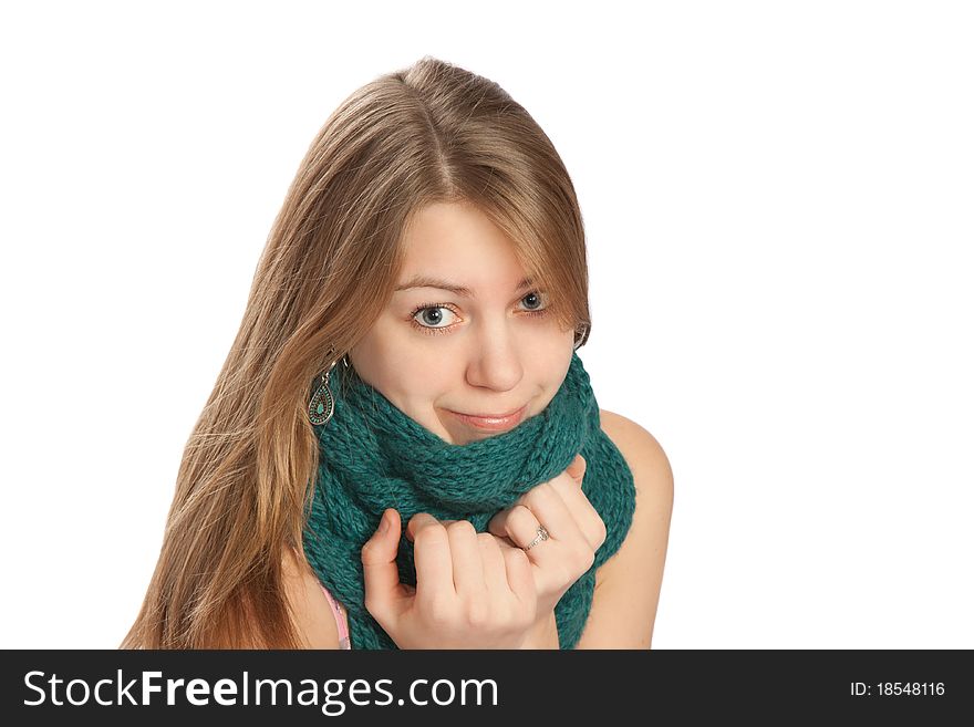 Woman in a scarf. Therapy hoarse throat. Woman in a scarf. Therapy hoarse throat.