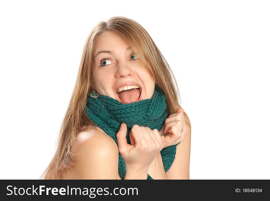 Woman in a scarf. Therapy hoarse throat. Woman in a scarf. Therapy hoarse throat.