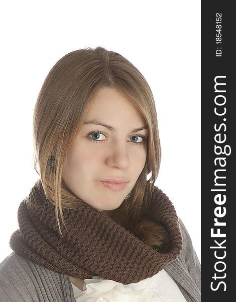 Young woman with scarf on white background. Young woman with scarf on white background