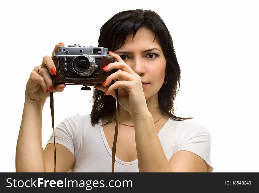 Lovely girl with old rangefinder camera isolated on white