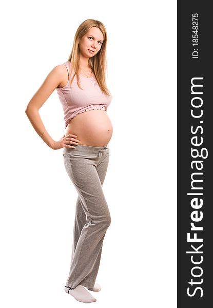 Pregnant Blond Girl On White Background