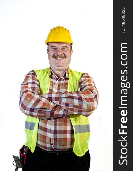 Friendly construction worker isolated on white background. Friendly construction worker isolated on white background