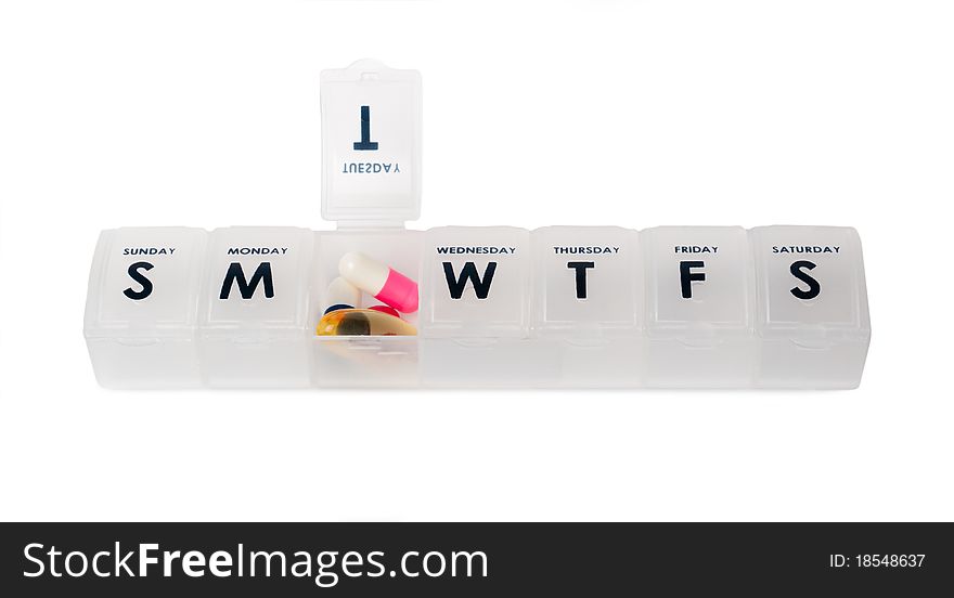 Weekly pill box with selection of medication. Weekly pill box with selection of medication