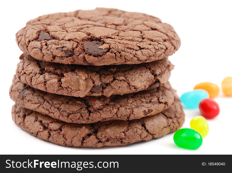 Double chocolate cookies with jelly beans isolated on a white background. Double chocolate cookies with jelly beans isolated on a white background