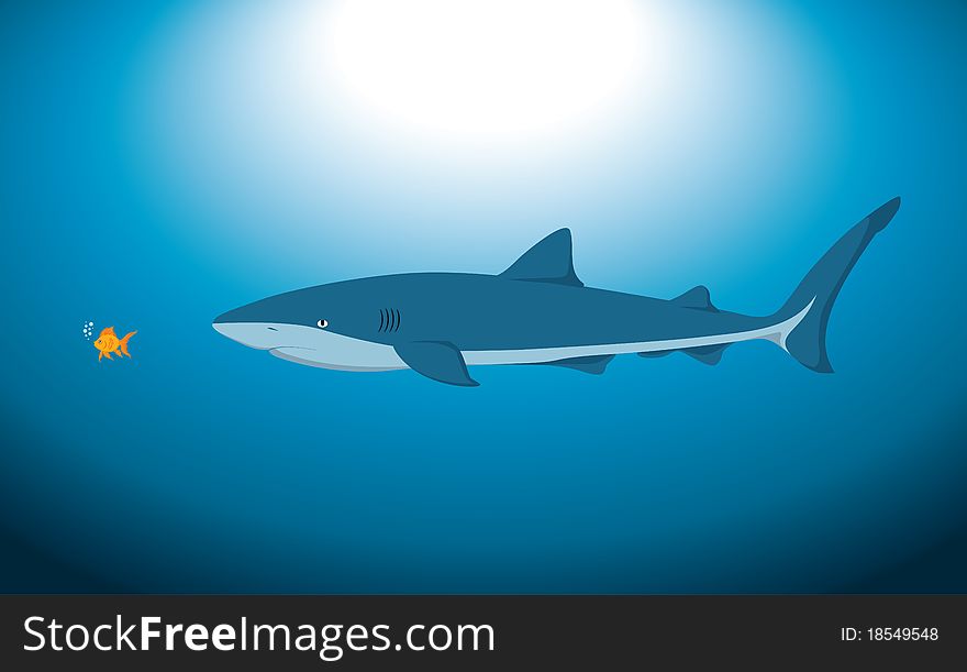 A big shark and a small fish underwater, in a illustration. A big shark and a small fish underwater, in a illustration.