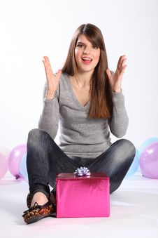 Beautiful Woman Happy Surprise Birthday Present Royalty Free Stock Photography Beautiful Woman Happy Surprise Birthday Present Royalty Free Stock Photography