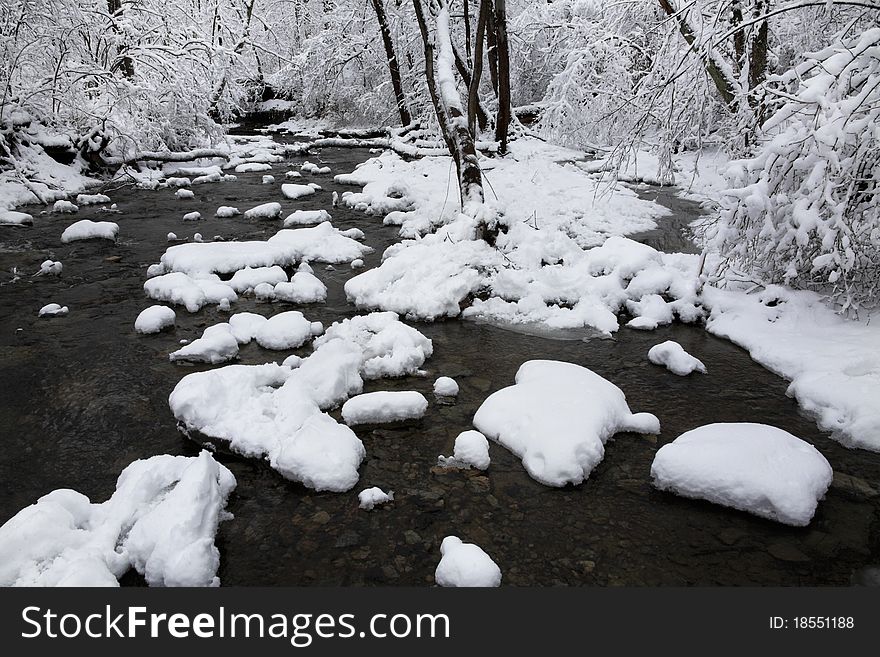 A Snow Covered Little Creek In Winter, Keehner Park, Southwestern Ohio, USA