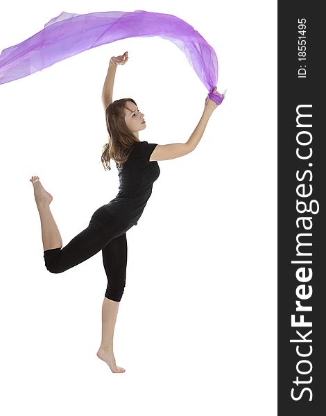 Young Beautiful Woman Jumping With Fabric.
