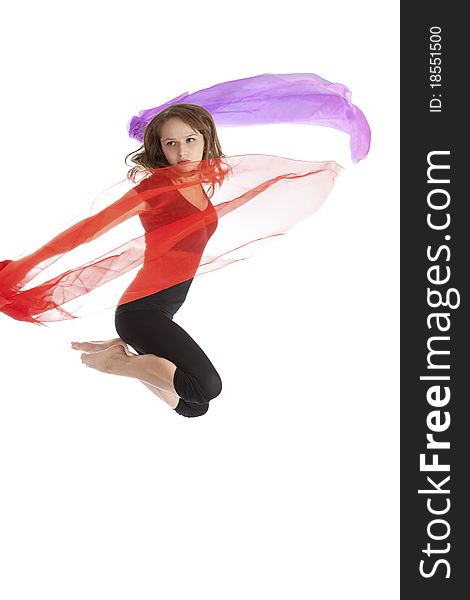 Young Beautiful Woman Jumping With Fabric.