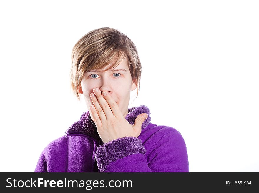 Young woman in a warm violet sweater, It is very surprised