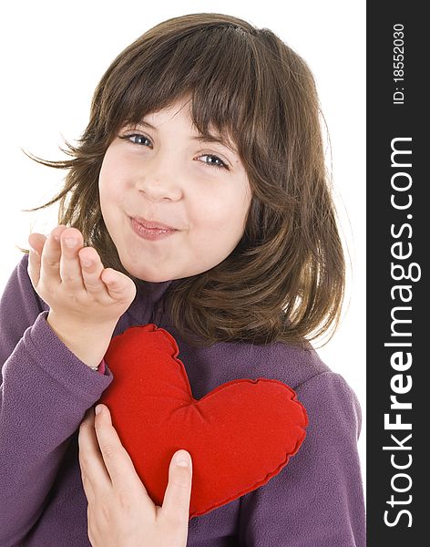 Little girl blows with an empty hand, isolated on white