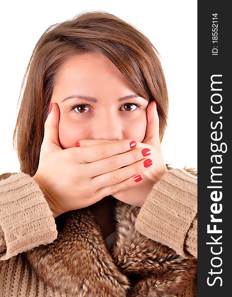 Young woman covering her mouth, isolated on white